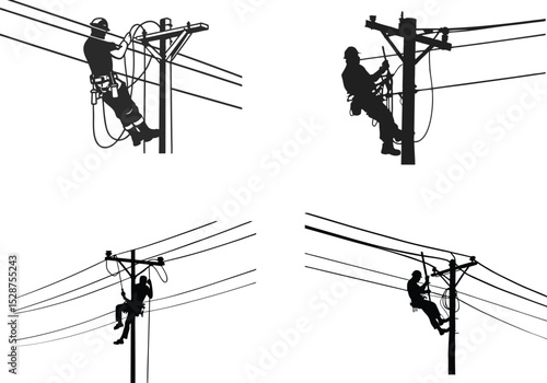 Silhouette of Utility Worker on Power Line Pole, Electrical Lineman Vector Art.