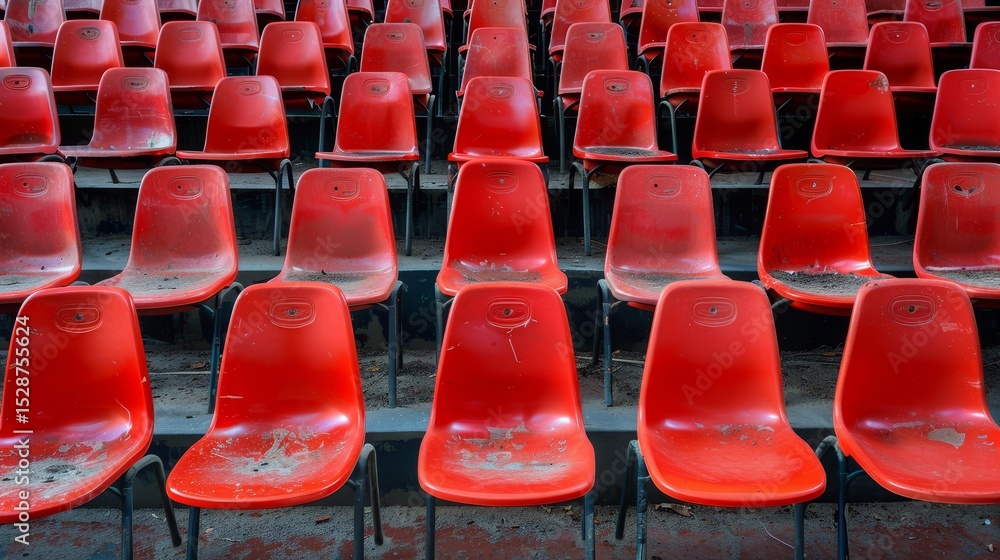 Naklejka premium Empty rows of red stadium seats in a sports arena awaiting an upcoming football game or concert
