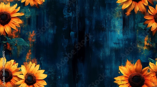 Abstract digital artwork of sunflowers layered over distorted navy vertical stripes, bold artistic expression. Created Using: digital painting, abstract art style, exaggerated colors,