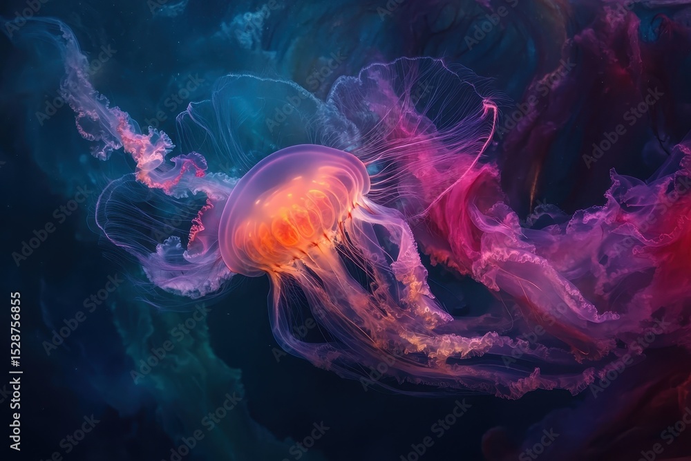 Obraz premium Colorful jellyfish swim gracefully in the deep ocean, showcasing vibrant patterns and ethereal movements, Colorful Jellyfish Swim In Deep Ocean