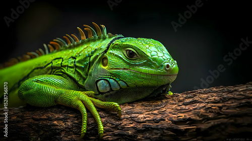 Closeup Bright Green Iguana On Branch