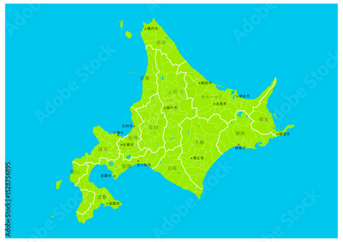 日本の北海道の主な都市など地名付の地図（市町村や地域区分を線で描いている地図）
