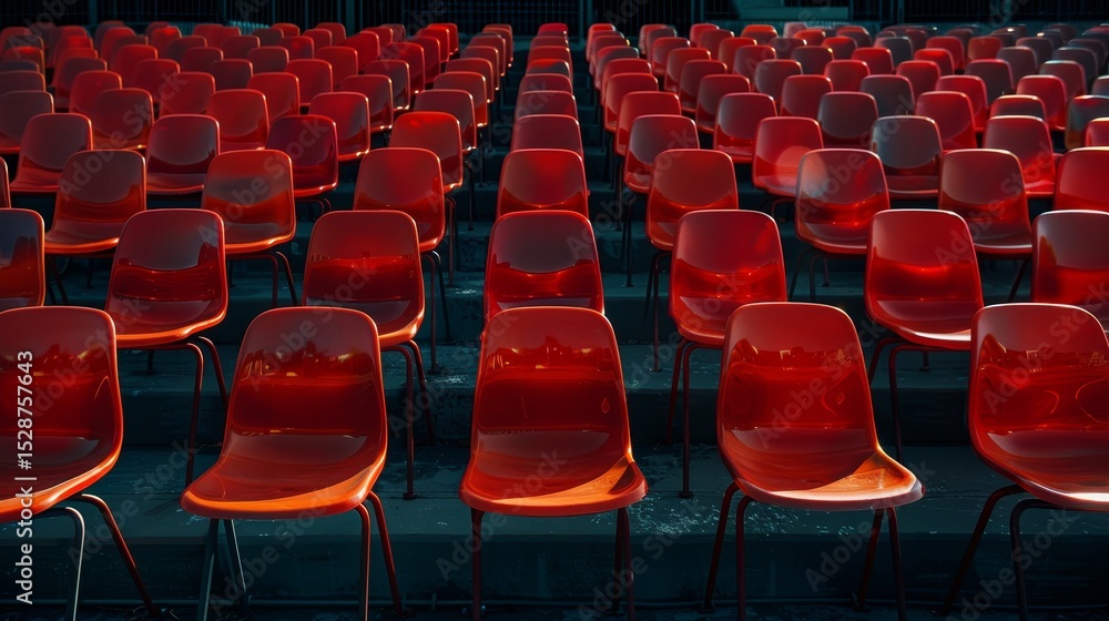 Naklejka premium Empty rows of red stadium seats awaiting spectators for upcoming sports events and concerts