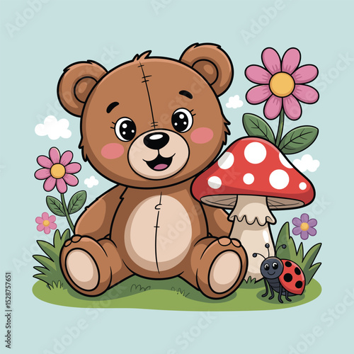 Cute cartoon teddy bear in garden vector illustration isolated background