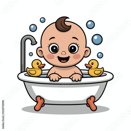 Happy baby in bathtub with rubber ducks vector illustration isolated on white background