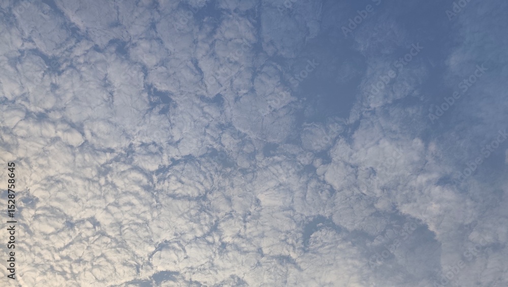 Obraz premium Summer blue sky, many white clouds, blue background. The beauty of bright clouds in the sun, the calm and clear winter air. Blue landscape in the environment, morning horizon, horizon view, spring bre