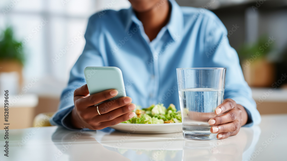 Woman using smartphone at breakfast table with salad and water.
Woman using smartphone at breakfast table with salad and water.