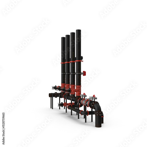 Industrial Black Pipe System with Vertical Valves Isolated on Transparent Background