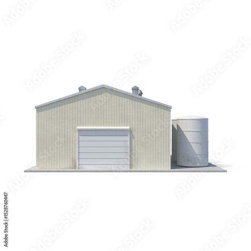 Small Industrial Warehouse Building with Storage Tank Isolated on Transparent Background