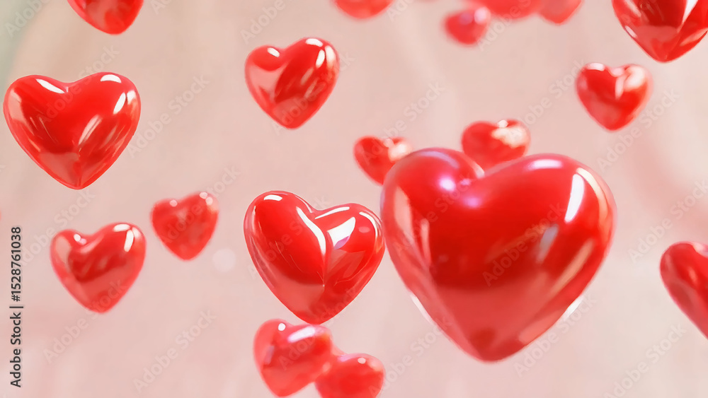 Bright red heart-shaped balloons in a foggy, dreamy atmosphere Bright red heart-shaped balloons in a foggy, dreamy atmosphere