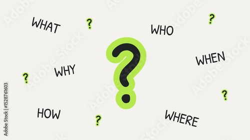 Question mark animation concept with what, who, where, when, why, and how. Useful for educational videos, business presentations, explanatory content, and decision making topics.