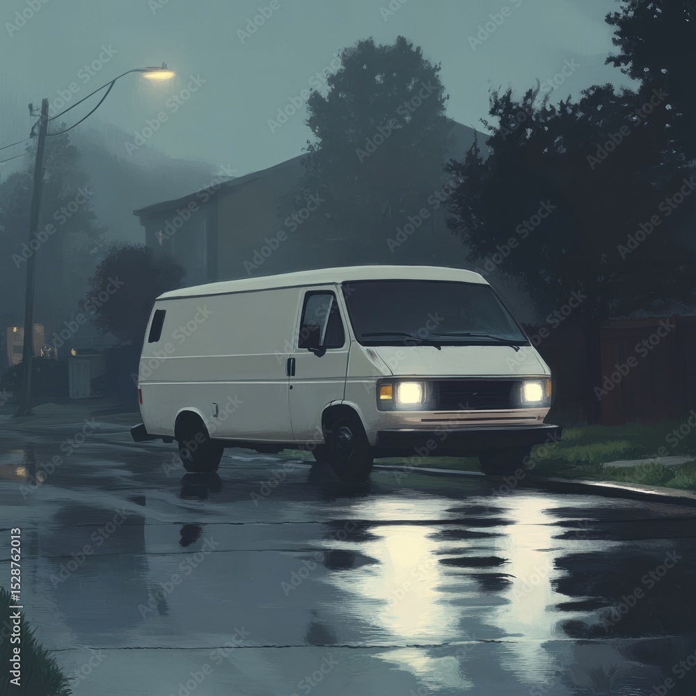 White Van Parked on a Wet Road Under Streetlight at Dusk Impressionistic Style Rainy Ambiance Moody Background Reflective Surface White Van Parked on a Wet Road Under Streetlight at Dusk Impressionistic Style Rainy Ambiance Moody Background Reflective Surface