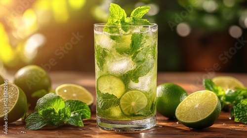 Wallpaper Mural Refreshing mojito cocktail with limes and mint on rustic wooden surface in warm light setting Torontodigital.ca