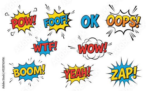 A collection of comic-style sound effect words in vibrant colors