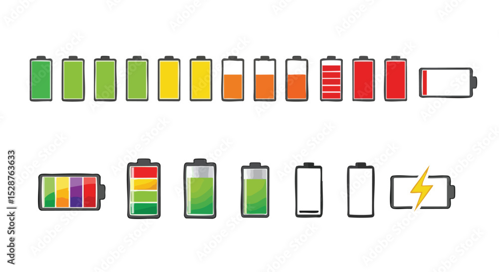 Various battery icons showing different charge levels and designs Various battery icons showing different charge levels and designs