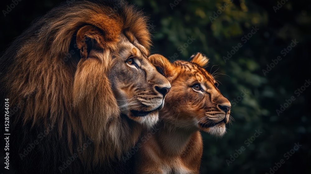 Fototapeta premium Male and Female Lion Family. A Pair of Lion as Adult and Cub Isolated on White Background
