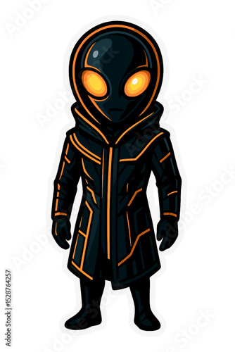 dark black and orange ninja character design trenchcoat cartoony vector graphic 