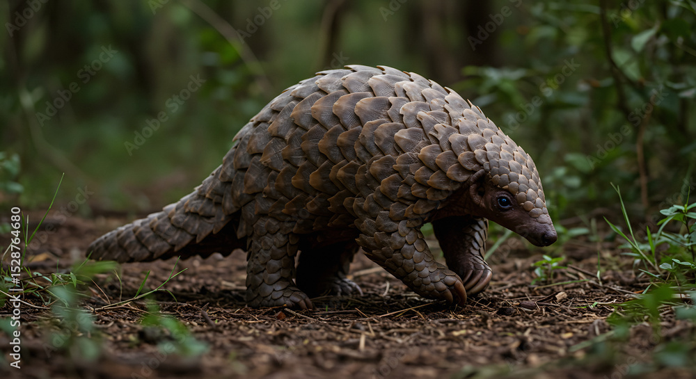 Pangolin Walking Through Forest Habitat. Pangolin Walking Through Forest Habitat.