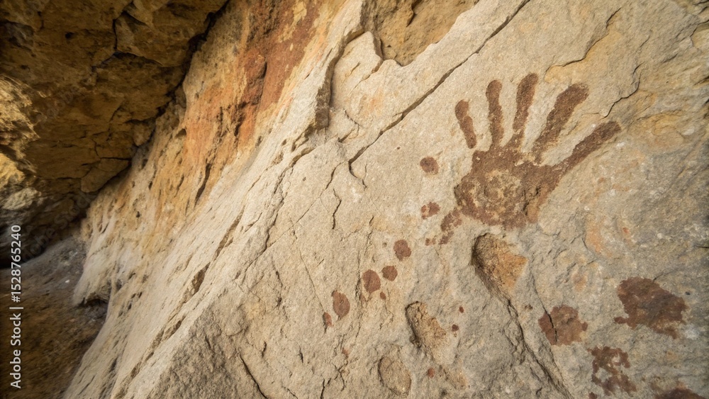 Obraz premium Close up ancient handprint cave wall painting with textured stone surface representing early human expression