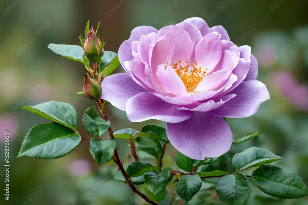 Obraz premium Purple rose blooming in spring with green leaves and buds