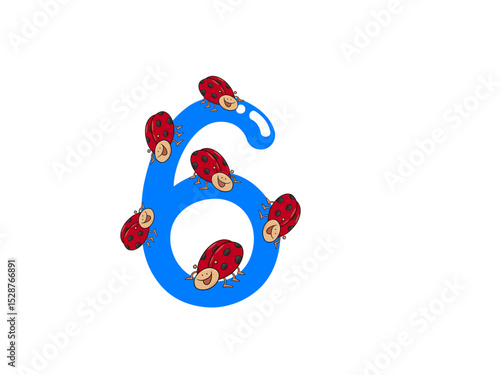 Six Adorable Ladybugs Crawling on a Bright Blue Number Six