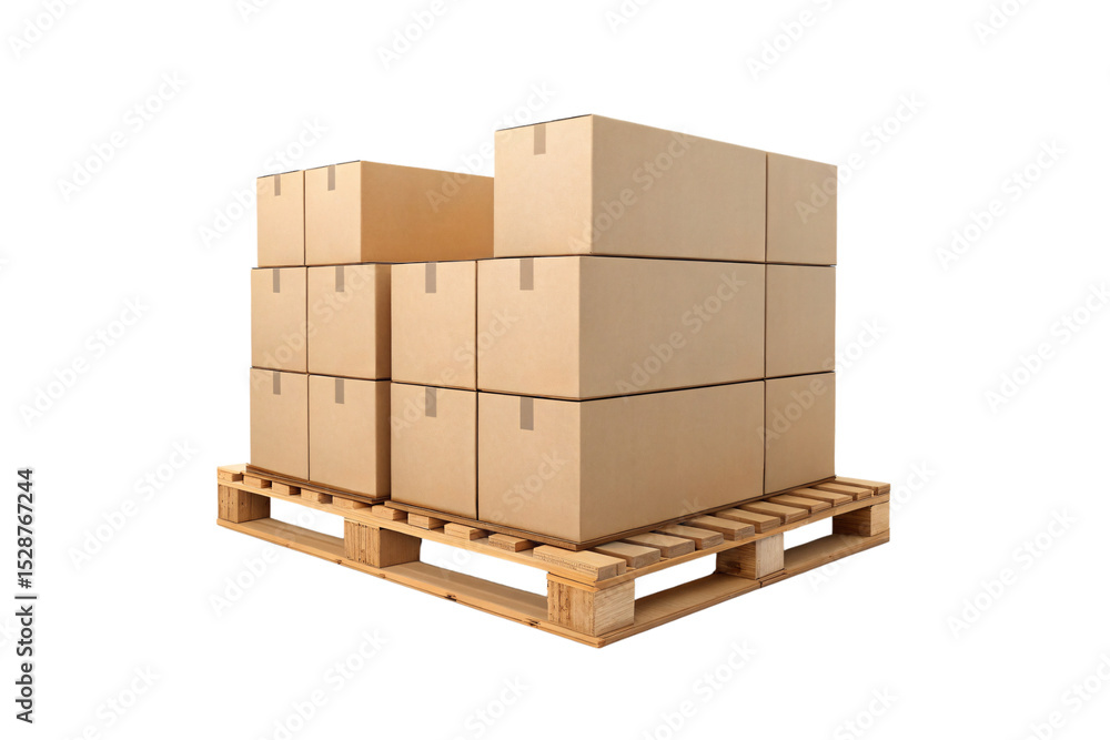 Stack of brown cardboard shipping boxes arranged in layers on wooden pallet for logistics, isolated on a transparent background Stack of brown cardboard shipping boxes arranged in layers on wooden pallet for logistics, isolated on a transparent background