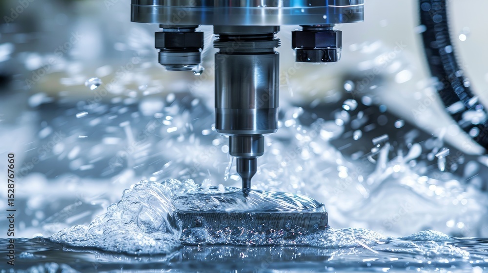 Close up of cnc water jet cutter in metal fabrication for precision automotive parts production Close up of cnc water jet cutter in metal fabrication for precision automotive parts production
