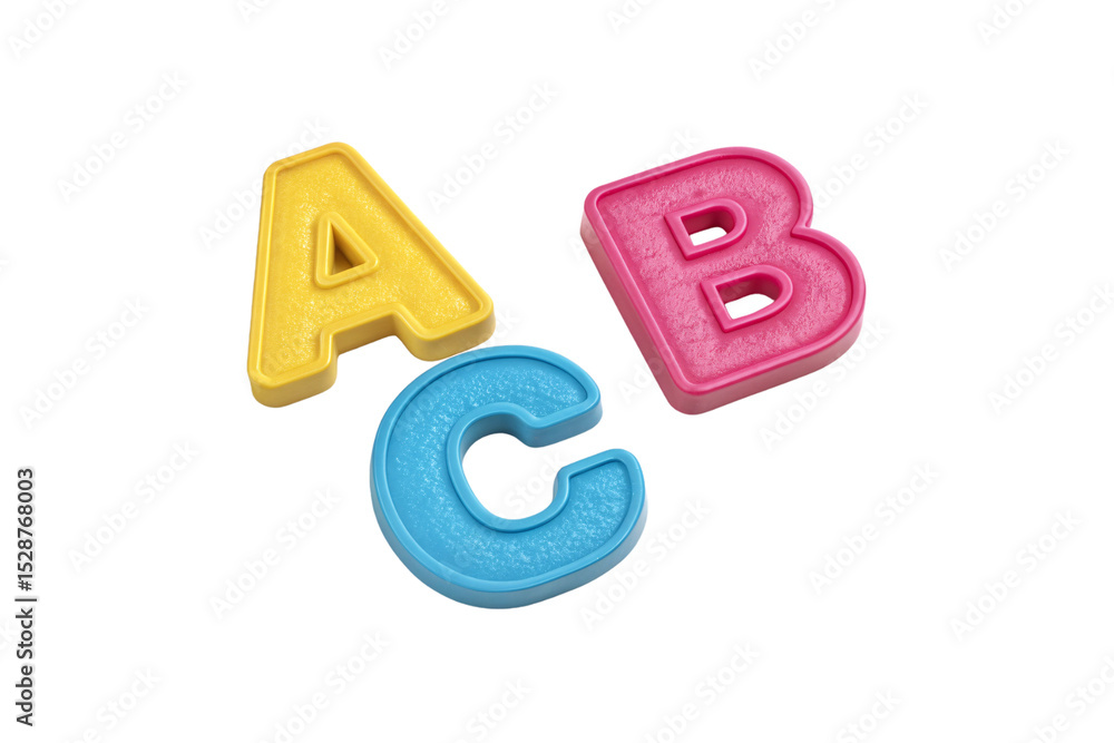 Naklejka premium Scattered colorful alphabet blocks A B C in yellow pink blue for early learning, isolated on a transparent background