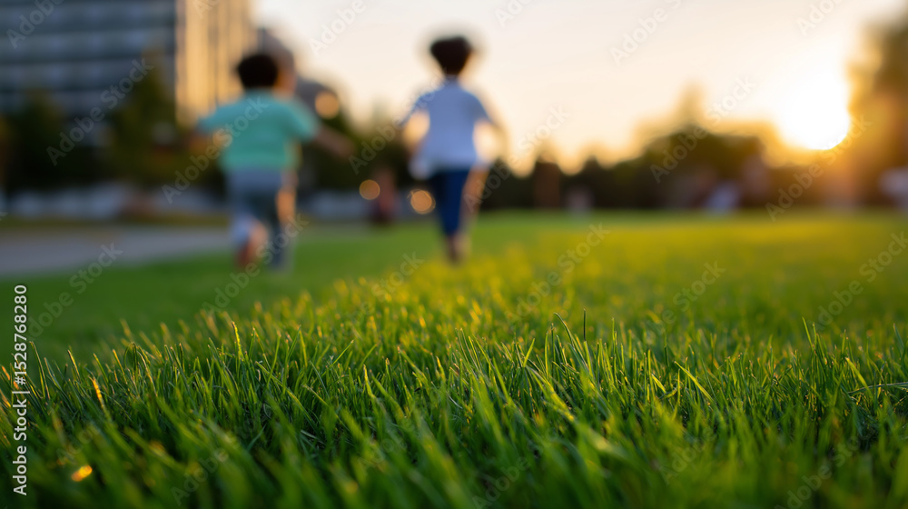 Obraz premium Two children running across green grass in city park at sunset. 