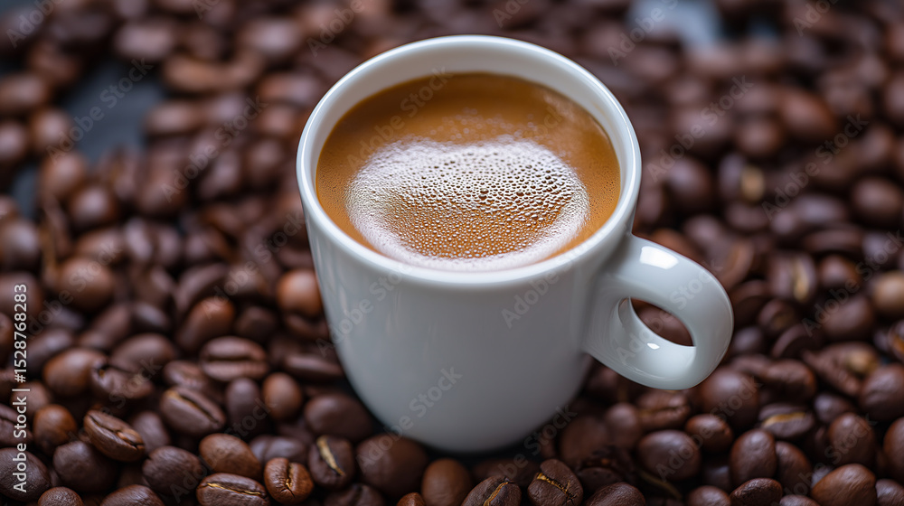 Fototapeta premium Cup of fresh espresso surrounded by roasted coffee beans. 