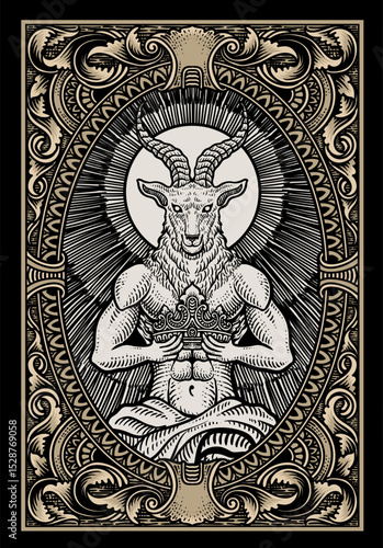 The baphomet holding crown on engraving ornament frame - Vector