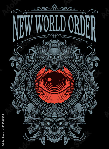 Illustration New World Order Conspiracy, All Seeing Eye on Engraving Frame - Vector Design