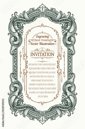 Elegant Vintage Engraving Invitation Frame with Scrollwork and Customizable Text Areas.
