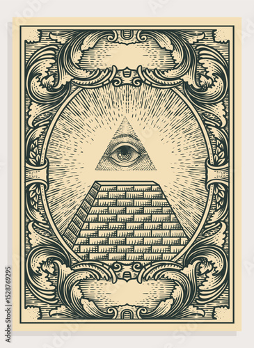 Illustration Illuminati Pyramid All Seeing Eye Vintage Engraving Frame - Vector Design