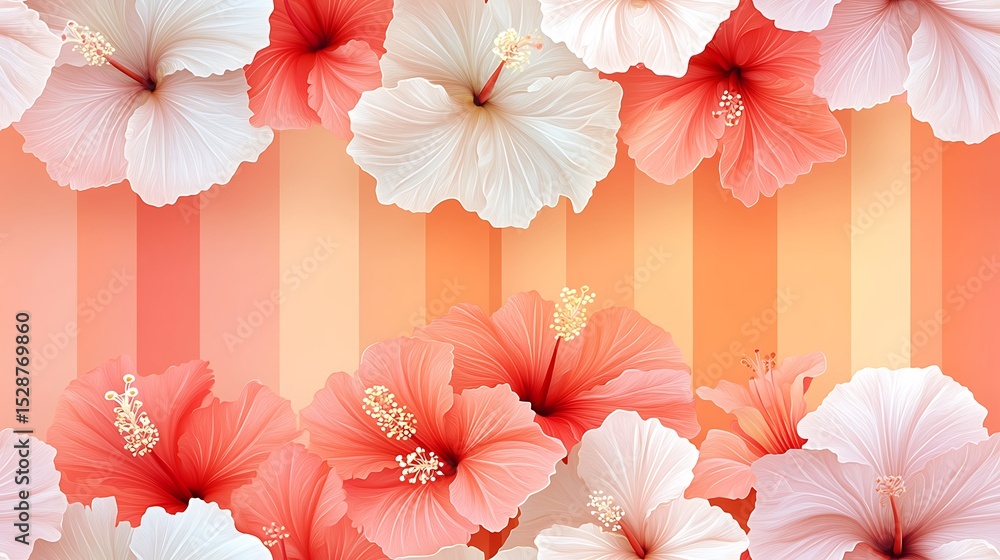Obraz premium Minimalist pattern of hibiscus on sunset gradient stripes, clean modern design, tropical elegance. Created Using: digital illustration, flat pastel colors, clean lines, minimalist design,