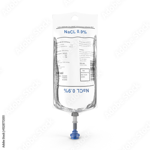 Saline IV Bag NaCl 0.9% Isolated on Transparent Background