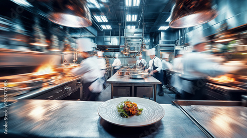 Fototapeta Naklejka Na Ścianę i Meble -  Professional chefs working in a fast-paced restaurant kitchen with plated dishes in foreground.
