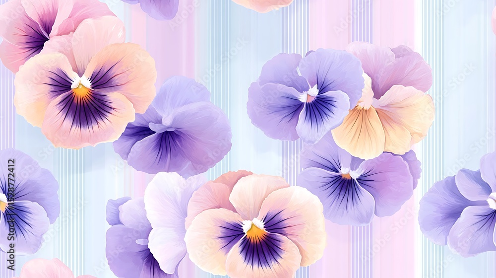 Obraz premium Seamless textile pattern of scattered pansies over lavender and mint vertical stripes, playful and elegant fabric design. Created Using: digital textile art, seamless repeat, vivid floral motifs,