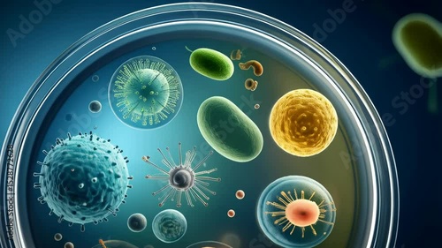 Microscopic view of various colorful cells and viruses under petri dish in a science laboratory for biomedical research