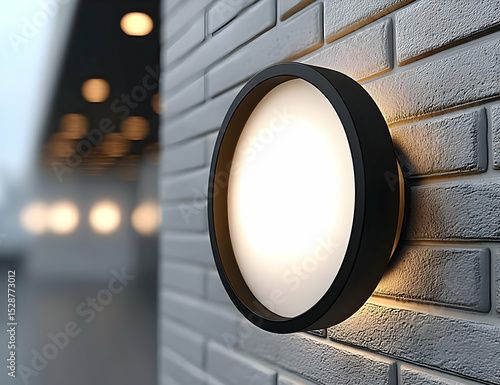 Modern round wall light fixture illuminating a stylish exterior wall in a contemporary setting.