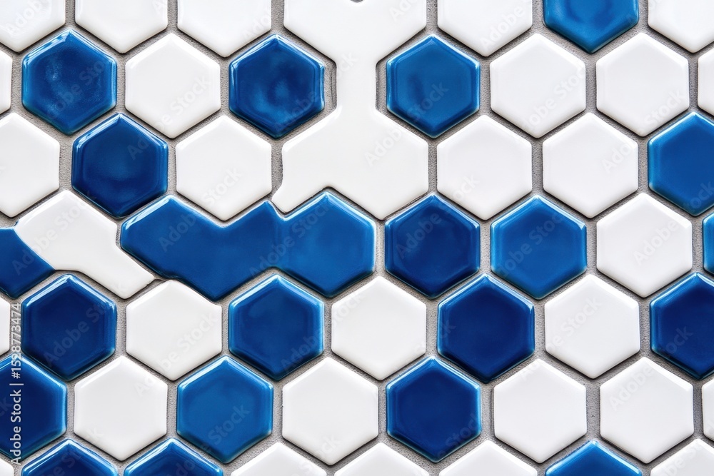 Fototapeta premium Hexagon tile pattern featuring white and blue colors in an intricate design, White and blue hexagon pattern