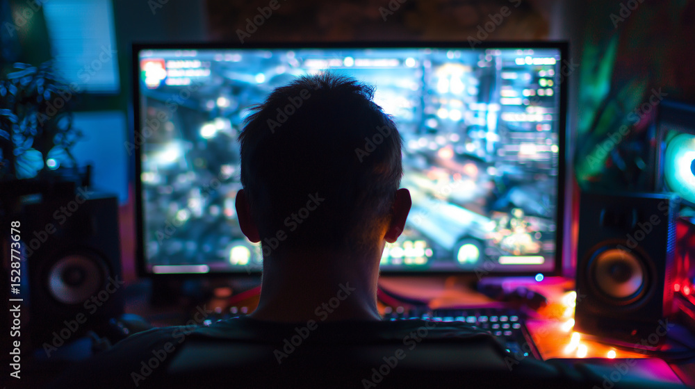 Fototapeta premium Gamer playing a first-person shooter at night with full PC setup and dual speakers.