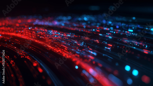 High-speed data flow visualized as red and blue glowing fiber optic lines.
