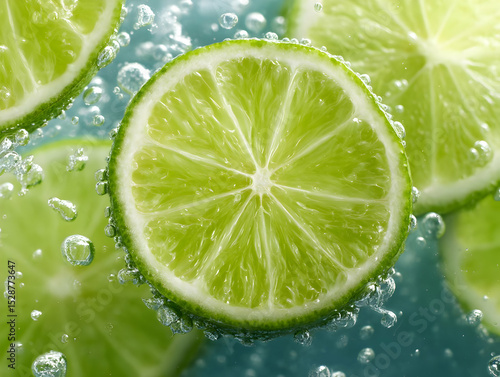 Fresh lime slices float in sparkling water, creating a refreshing and vibrant image perfect for summer drinks.