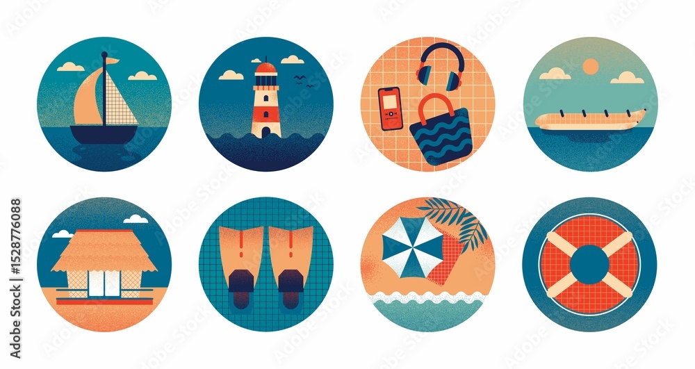 A collection of summer and travel-themed circular icons, featuring a sailboat, lighthouse, beach bag, tropical hut, fins, beach scene, and lifebuoy. A collection of summer and travel-themed circular icons, featuring a sailboat, lighthouse, beach bag, tropical hut, fins, beach scene, and lifebuoy.