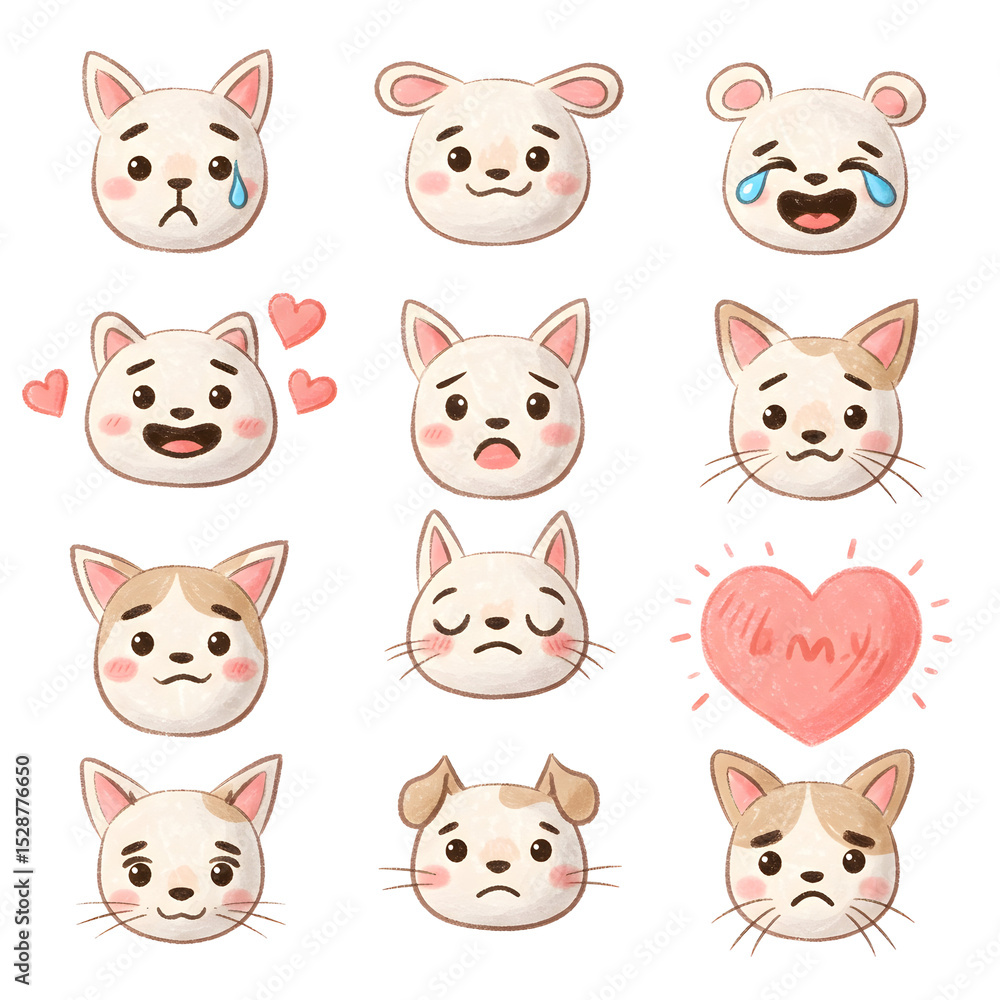 Collection of expressive cartoon animal faces with varied emotions and heart graphic Collection of expressive cartoon animal faces with varied emotions and heart graphic