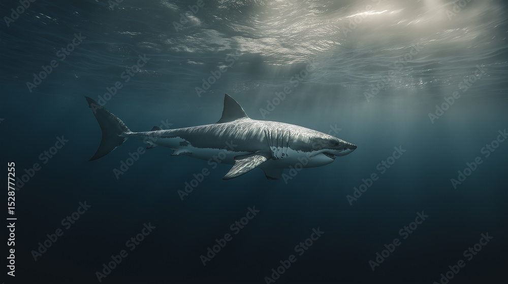 Fototapeta premium Silhouetted shark gliding through deep ocean with dramatic light rays above. 