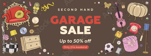 Garage promotional sale horizontal web banner, poster, flyer or billboard with hand drawn vintage furniture and interior design elements. Garage sale concept. Vector illustration in retro style