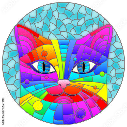 An illustration in the style of a stained glass window with a portrait of a bright abstract cat