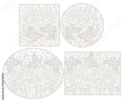 A set of contour illustrations in the style of stained glass with iris flowers and butterflies, dark contours on a white background